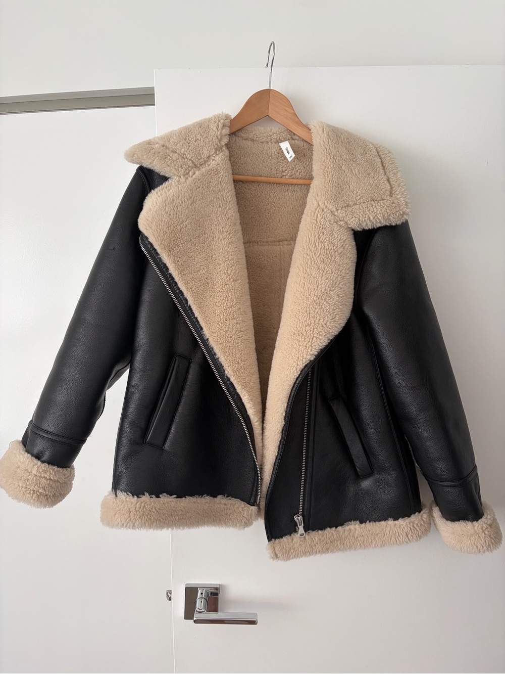 Mango Black Faux Leather Aviator Jacket with Cream Shearling